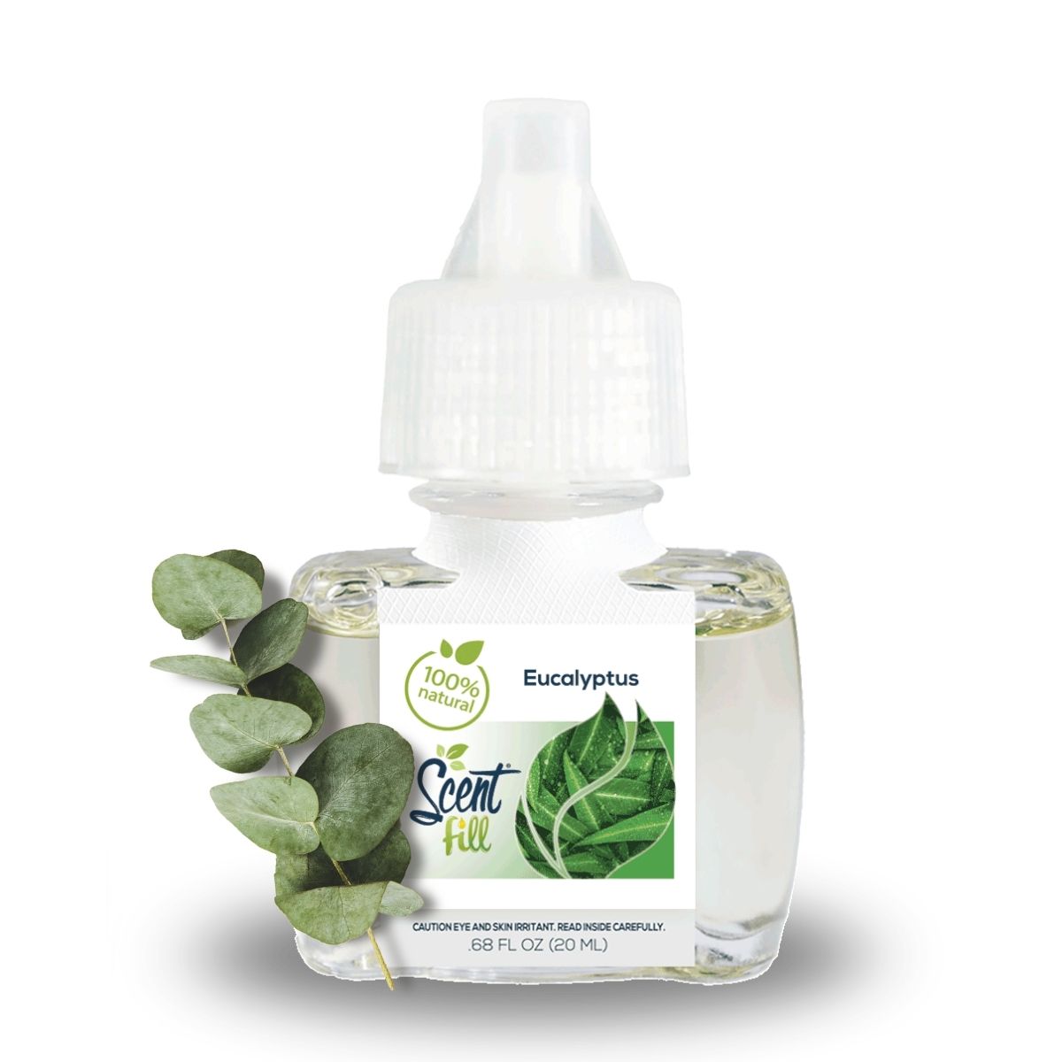 Scent Fill Eucalyptus fragrance refill bottle on a white background with a sprig of fresh eucalyptus leaves placed beside it.
