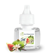 Scent Fill Fig & Whipped Vanilla plug-in air freshener refill bottle with pale liquid, white cap with blue indicator dot, and a sliced fig, vanilla beans, and a white flower on a light background.