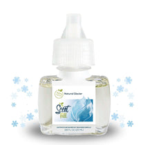 Scent Fill Natural Glacier plug-in air freshener refill bottle shown with blue snowflakes on a white background.