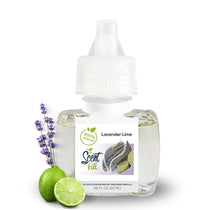 Scent Fill Lavender Lime plug-in refill bottle displayed with lavender sprigs and fresh lime on a clean white background.
