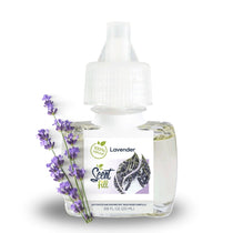 Lavender plug-in refill bottle displayed with lavender sprigs on a clean white background.