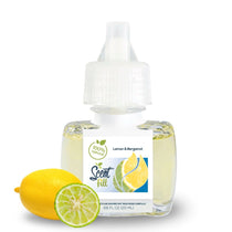 Scent Fill Lemon & Bergamot plug-in air freshener refill bottle with pale liquid, white cap, and lemon with sliced bergamot on a light background.