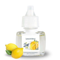 Lemon Citrus plug-in refill bottle displayed with fresh lemons on a clean white background.