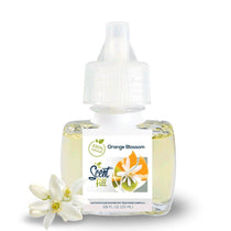 Scent Fill Orange Blossom plug-in air freshener refill bottle with pale yellow liquid, white cap with blue indicator dot, citrus label, and white orange blossom flowers at the base on a light background.