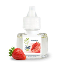 Scent Fill Strawberry plug-in air freshener refill bottle with pale liquid, white cap, and a fresh strawberry on a light background.