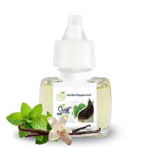 Scent Fill Vanilla Peppermint plug-in air freshener refill bottle with pale liquid, white cap, fresh mint leaves, vanilla beans, and a white vanilla flower on a light background.
