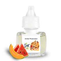 Scent Fill Amber Muskmelon plug-in refill bottle displayed with fresh cantaloupe and watermelon slices on a clean white background.