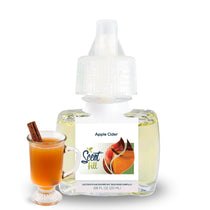 Scent Fill Apple Cider plug-in refill bottle displayed with a glass mug of cider and a cinnamon stick on a clean white background.