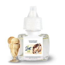 Scent Fill Caramel Cookie Crunch Gelato plug-in refill bottle displayed with a caramel-drizzled gelato dessert on a clean white background.
