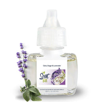 Scent Fill Clary Sage & Lavender plug-in air freshener refill bottle shown with lavender sprigs and sage leaves on a white background.