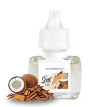 Coconut sandalwood fragrance bottle with coconut and sandalwood pieces on a white background