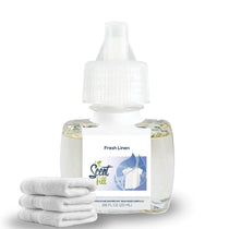 Scent Fill Fresh Linen plug-in air freshener refill bottle with pale liquid, white cap with blue indicator dot, and folded white towels in front on a light background.