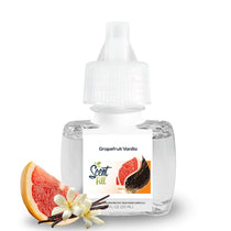 Scent Fill Grapefruit Vanilla plug-in air freshener refill bottle with clear liquid, white cap with blue indicator dot, and grapefruit, vanilla bean, and white flower accents on a light background.