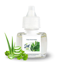 Scent Fill Green Clover & Aloe plug-in refill bottle with aloe slices and clover leaves on a light background.