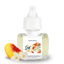 Scent Fill Jasmine Nectar plug-in refill bottle with sliced peach and white jasmine flowers on a light background.