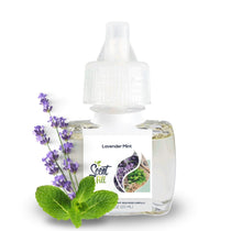 Scent Fill Lavender Mint plug-in air freshener refill bottle with pale liquid, white cap with blue indicator dot, and lavender sprigs with fresh mint leaves on a light background.