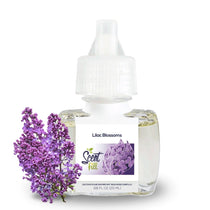 Scent Fill Lilac Blossoms plug-in air freshener refill bottle with pale liquid, white cap with blue indicator dot, and a cluster of lilac flowers on a light background.