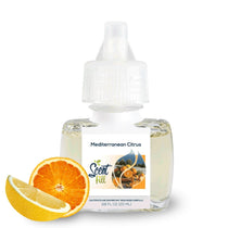 Mediterranean Citrus plug-in air freshener refill bottle with orange and lemon slices on a white background.