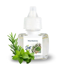 Scent Fill Minty Rosemary plug-in air freshener refill bottle with pale liquid, white cap, and fresh rosemary sprigs with mint leaves on a light background.