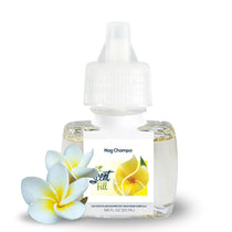 Scent Fill Nag Champa fragrance refill bottle on a white background with two soft white-and-yellow plumeria flowers placed in front.