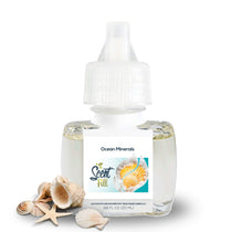 Scent Fill Ocean Minerals plug-in air freshener refill bottle with pale liquid, white cap with blue indicator dot, and seashells with a starfish on a light background.