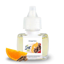 Scent Fill Orange Clove plug-in refill bottle with an orange slice and whole cloves on a light background.