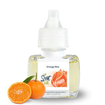 Scent Fill Orange Slice fragrance refill bottle on a white background with a whole orange and a sliced orange placed in front.