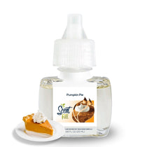 Scent Fill Pumpkin Pie plug-in refill bottle with a slice of pumpkin pie topped with whipped cream on a light background.