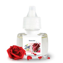 Scent Fill Rosewater fragrance refill bottle on a white background with a red rose and scattered rose petals placed in front.