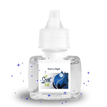 Scent Fill Starry Night plug-in air freshener refill bottle with clear liquid, white cap, and scattered blue sparkle accents on a light background.