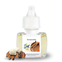 Stroopwafels plug-in refill bottle displayed with stroopwafels topped with vanilla ice cream on a clean white background.