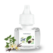 Scent Fill Vanilla Patchouli plug-in refill bottle with vanilla flowers, vanilla beans, and green patchouli leaves on a light background.