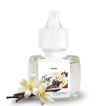 Scent Fill Vanilla plug-in refill bottle with vanilla flowers and vanilla beans on a light background.
