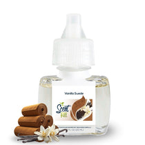 Scent Fill Vanilla Suede plug-in air freshener refill bottle with pale liquid, white cap, rolled suede, vanilla beans, and white flowers on a light background.