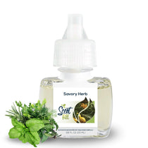 Scent Fill Savory Herb plug-in refill bottle with fresh green herbs on a light background.