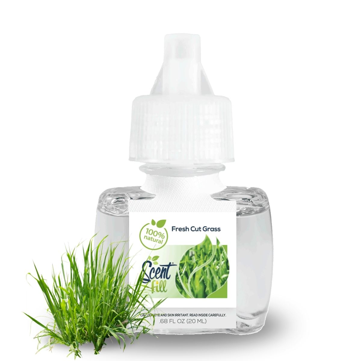Scent Fill refill bottle with 100% Natural Fresh Cut Grass tag on a white background