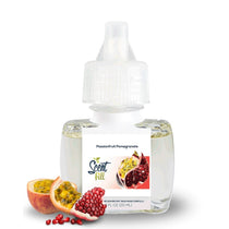 Scent Fill Passionfruit Pomegranate plug-in air freshener refill bottle with pale liquid, white cap, and passionfruit halves with pomegranate seeds on a light background.
