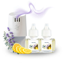 Scent Fill diffuser set with essential oil bottles and lemon slices on a white background