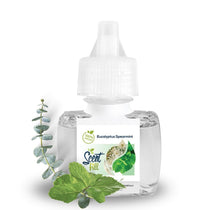 Scent Fill Eucalyptus Spearmint plug-in air freshener refill bottle shown with eucalyptus and fresh mint leaves on a white background.
