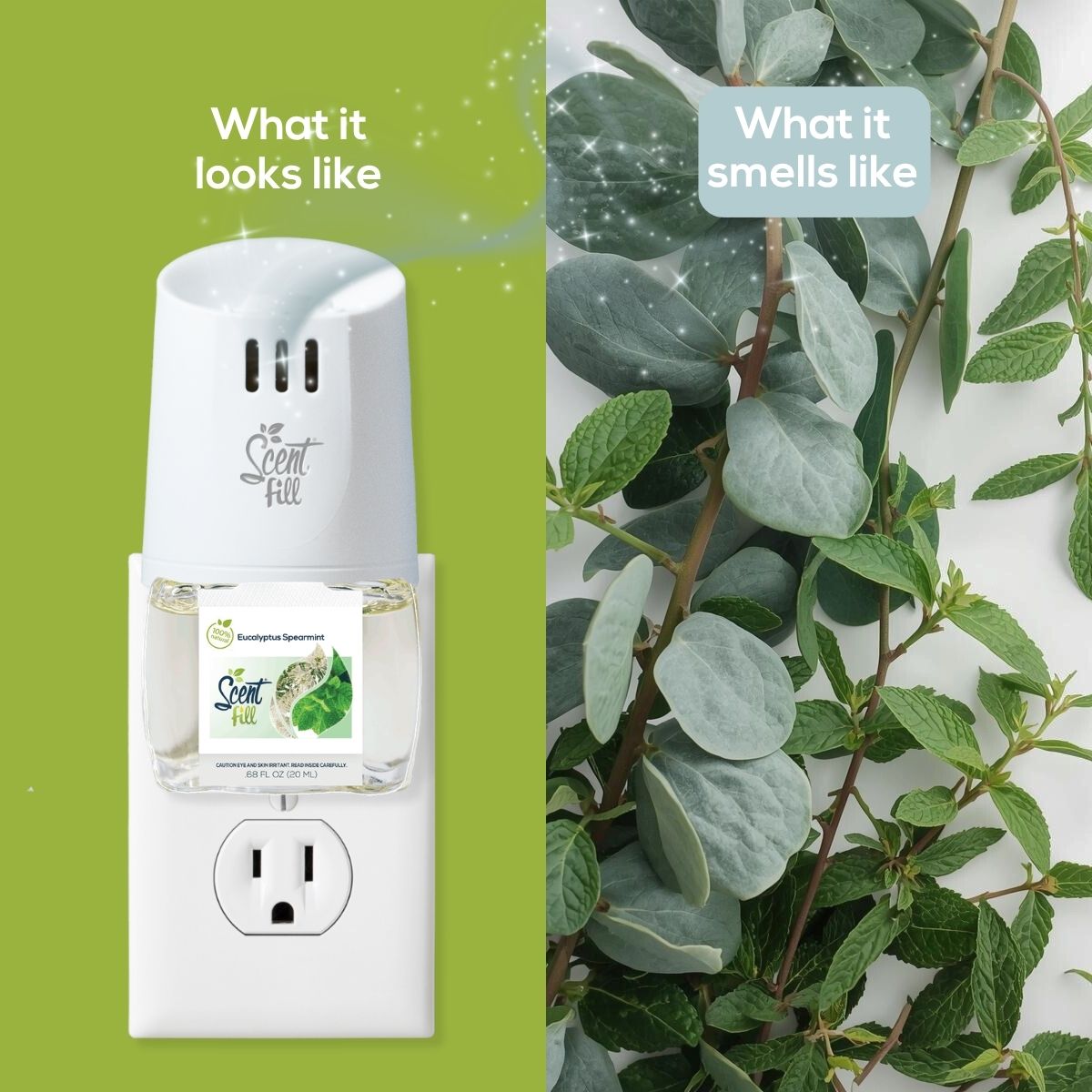 Scent Fill Eucalyptus Spearmint plug-in air freshener shown in an outlet beside eucalyptus and mint leaves, comparing what the product looks like with what it smells like.