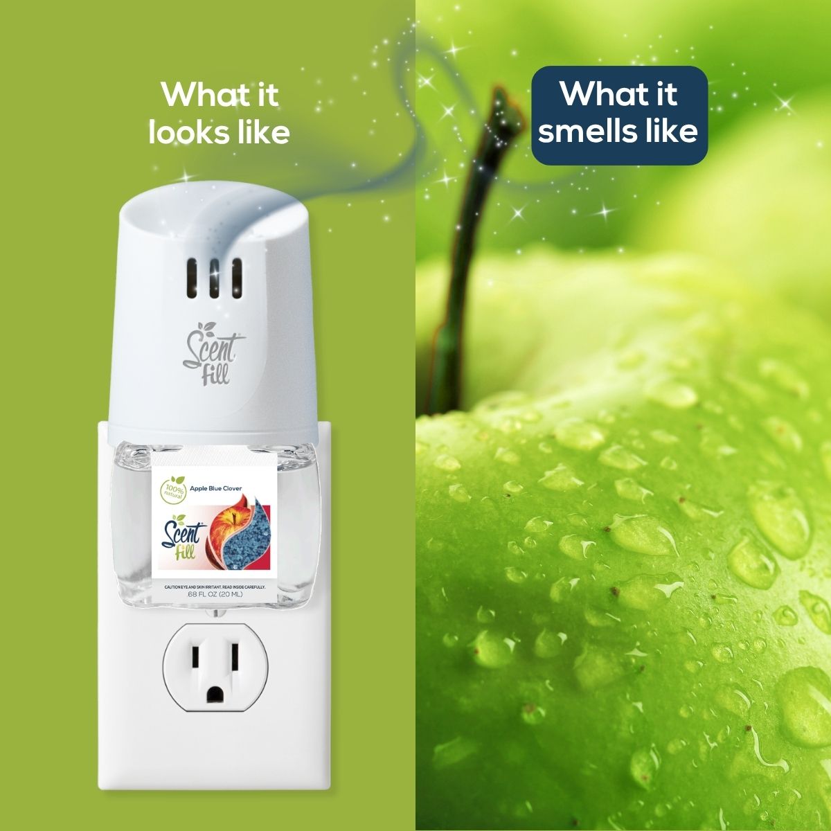 Split comparison graphic showing a Scent Fill plug-in diffuser with Apple Blue Clover fragrance bottle on the left under “What it looks like,” and a close-up of a fresh green apple with water droplets on the right under “What it smells like.”