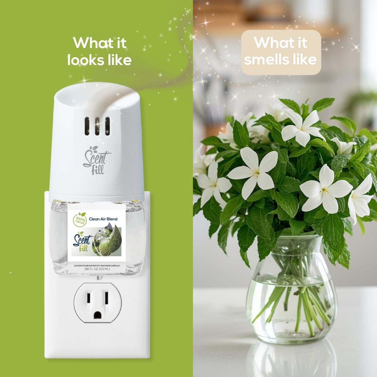 Split comparison graphic showing a Clean Air Blend Scent Fill plug-in diffuser on an outlet under “What it looks like” and a vase of white flowers with green foliage under “What it smells like.”