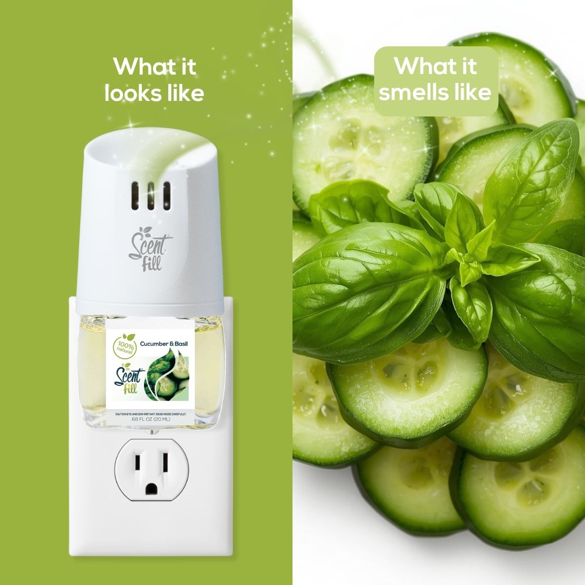 Scent Fill plug-in air freshener in Cucumber & Basil shown in a wall outlet beside fresh cucumber slices and basil leaves, illustrating the product’s look and its crisp, garden-fresh scent.