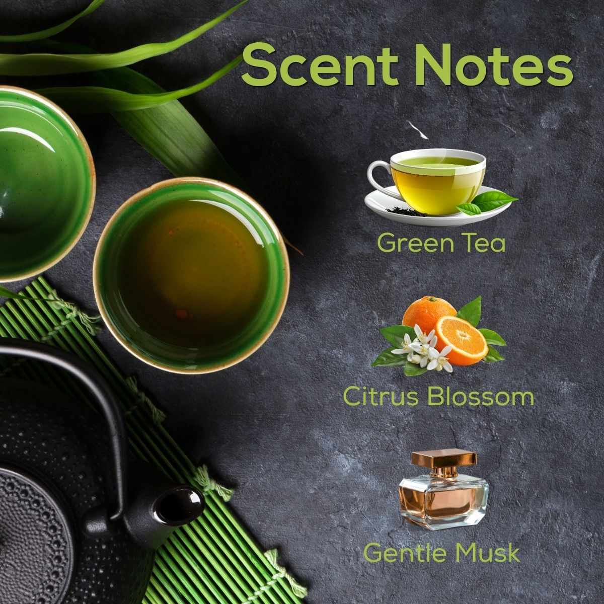 Green Tea scent notes graphic featuring tea cups on a dark background with notes of green tea, citrus blossom, and gentle musk.