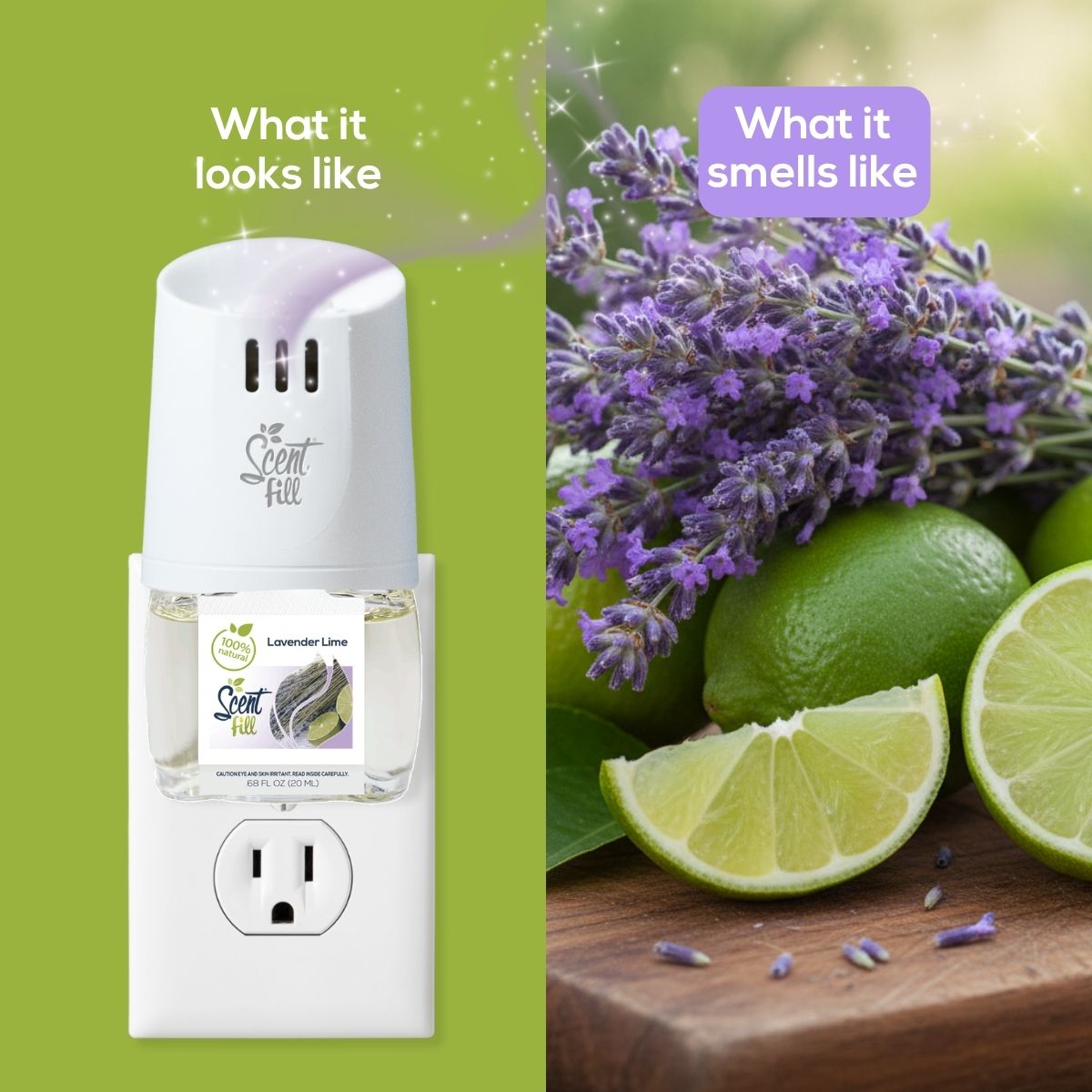 Scent Fill plug-in air freshener in Lavender Lime shown in a wall outlet beside fresh lavender sprigs and sliced limes, illustrating the product’s look and its bright, herbal citrus scent.