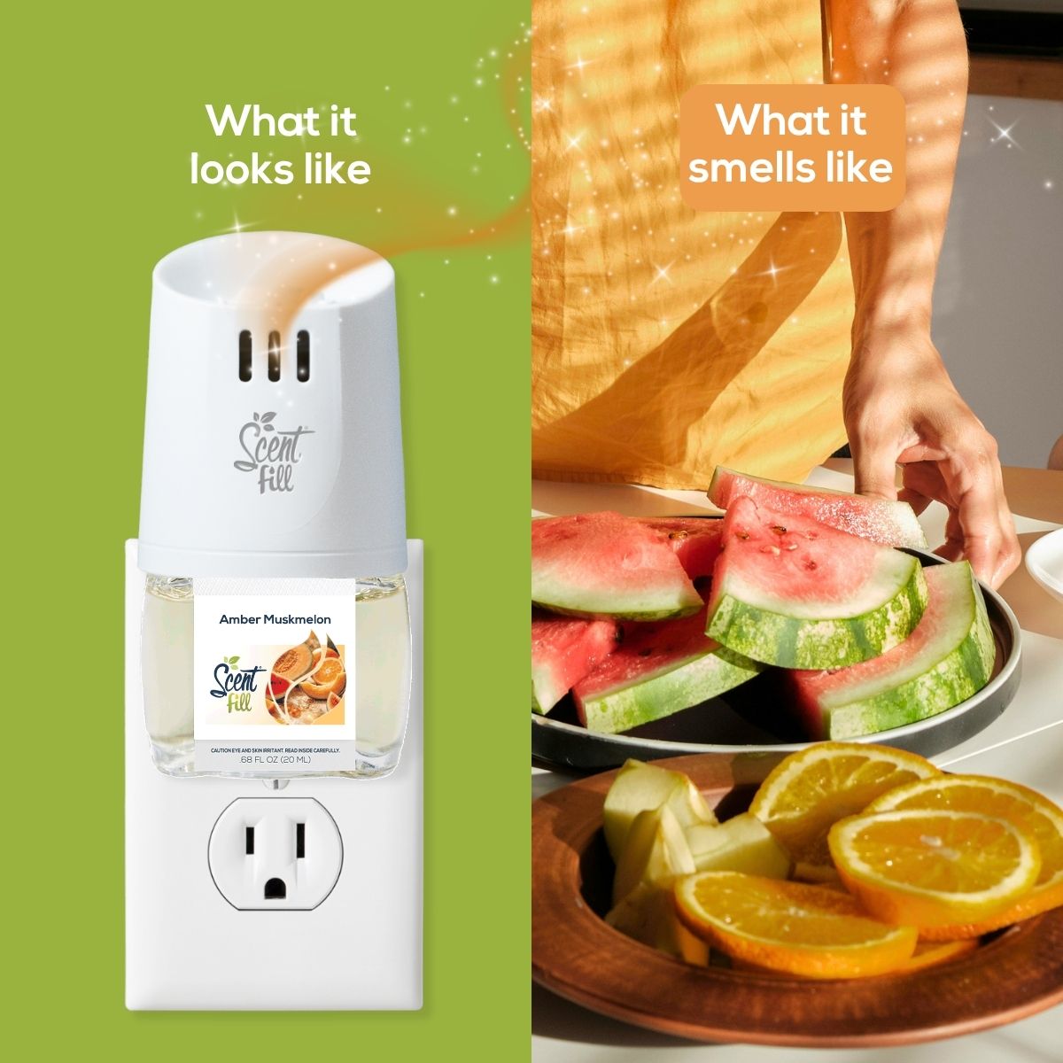 Scent Fill plug-in air freshener in Amber Muskmelon shown in a wall outlet beside fresh-cut watermelon, melon, and orange slices, illustrating the product’s look and its juicy, sun-warmed fruit scent.