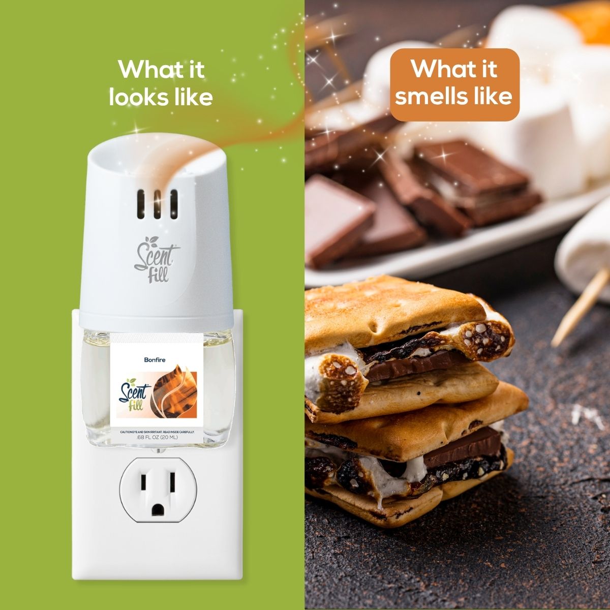 Split comparison graphic showing a Scent Fill plug-in diffuser with Bonfire fragrance bottle on the left under “What it looks like,” and toasted s’mores with chocolate and marshmallows on the right under “What it smells like.”