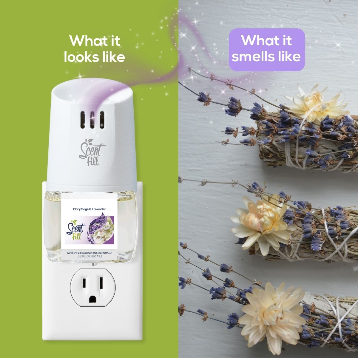 Scent Fill Clary Sage & Lavender plug-in air freshener shown in an outlet beside bundled lavender and sage, comparing what the product looks like with what it smells like.