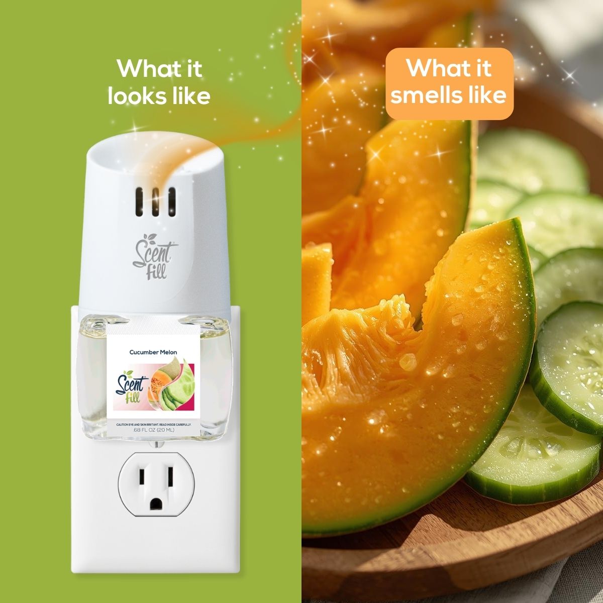 Split image comparing the Scent Fill Cucumber Melon plug-in air freshener. On the left, against a green background, a white Scent Fill plug-in diffuser unit is shown plugged into a wall outlet with the Cucumber Melon refill bottle inserted — labeled 