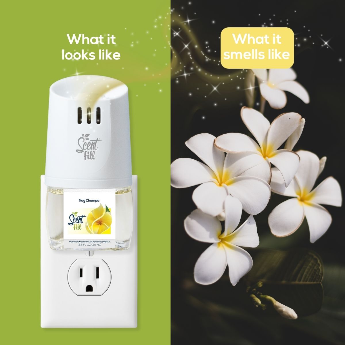 Split comparison graphic showing a Scent Fill plug-in diffuser with Nag Champa fragrance bottle on the left under “What it looks like,” and white plumeria flowers on the right under “What it smells like.”